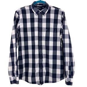 Men's American Eagle Vintage Fit Blue White Buffalo Plaid Shirt Long Sleeve